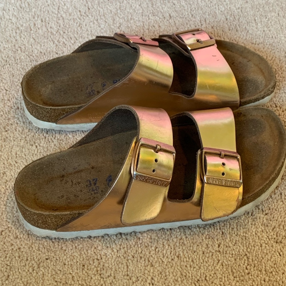 Rose Gold Birkenstock Sandals. Some scuff marks